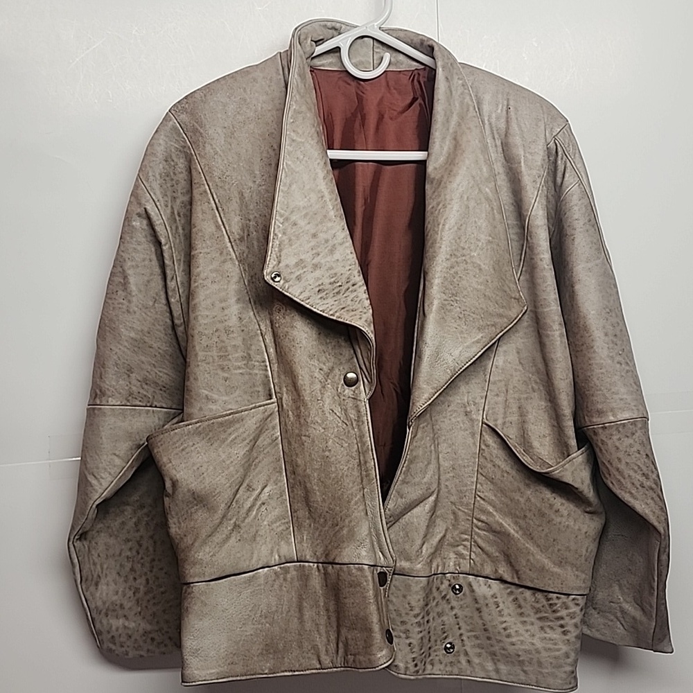 Firenze Santa Barbara VINTAGE stylish taupe leather jacket AND matching skirt - Picture 2 of 12